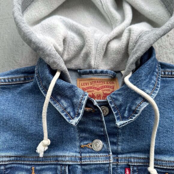 Levi’s Hybrid Twofer Hooded Denim Jean Trucker Jacket - Dark Wash Gray Wmns XS - Picture 5 of 12
